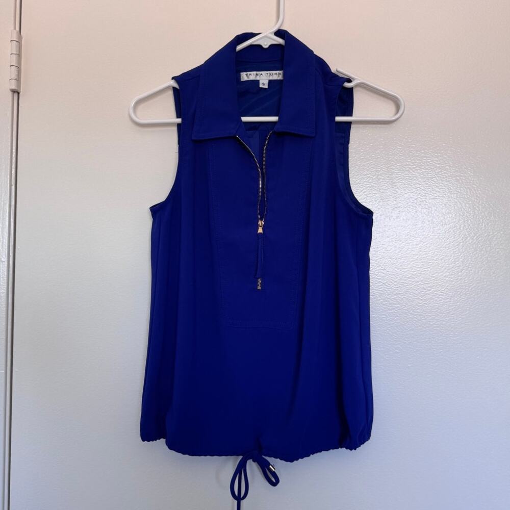 Trina Turk Collared Drawstring Waist Blue Tank Blouse Size Small